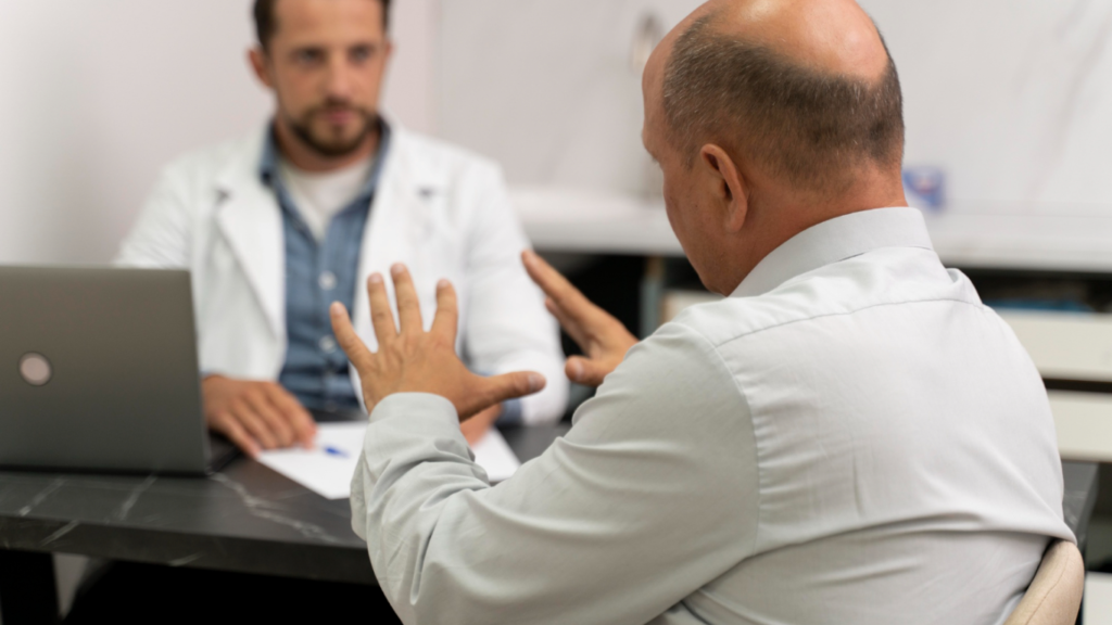 Médico explicando ao paciente como é feita a avaliação de prótese peniana