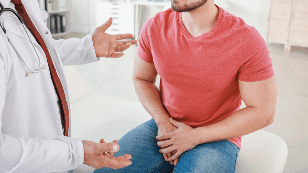 Médico explicando ao paciente o excesso de pele no pênis