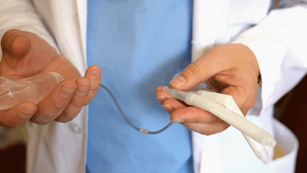 Médico explicando como funciona a prótese peniana