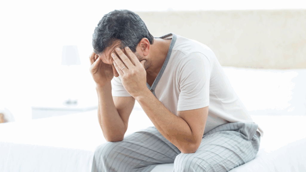 Homem sentado na cama, com as mãos na cabeça, pensando na Curvatura peniana e Doença de Peyronie.